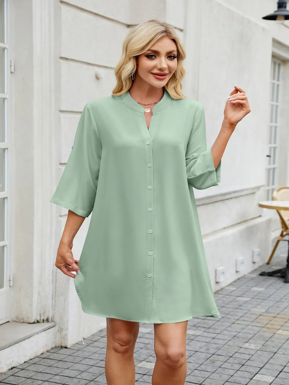 Notched Long Sleeve Mini Shirt Dress (13)