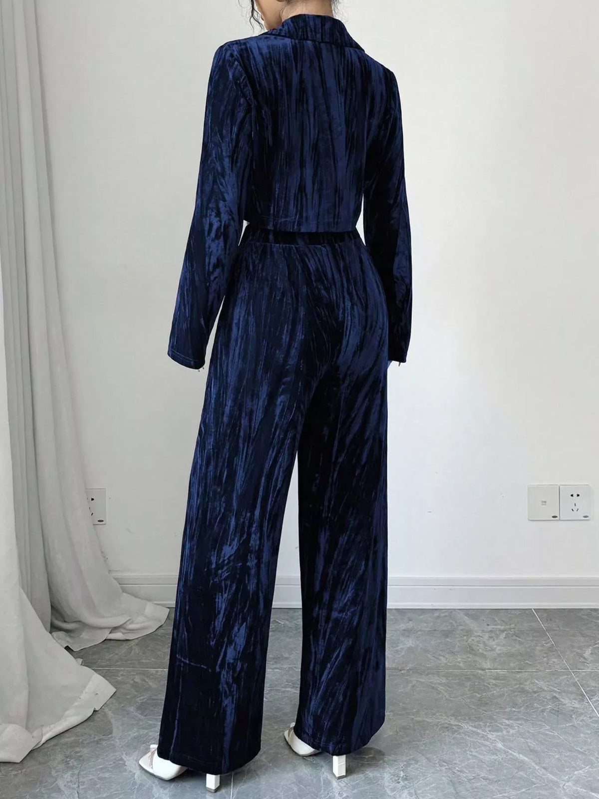 Pleated Velvet Blazer Wide Leg Pants Set (4)