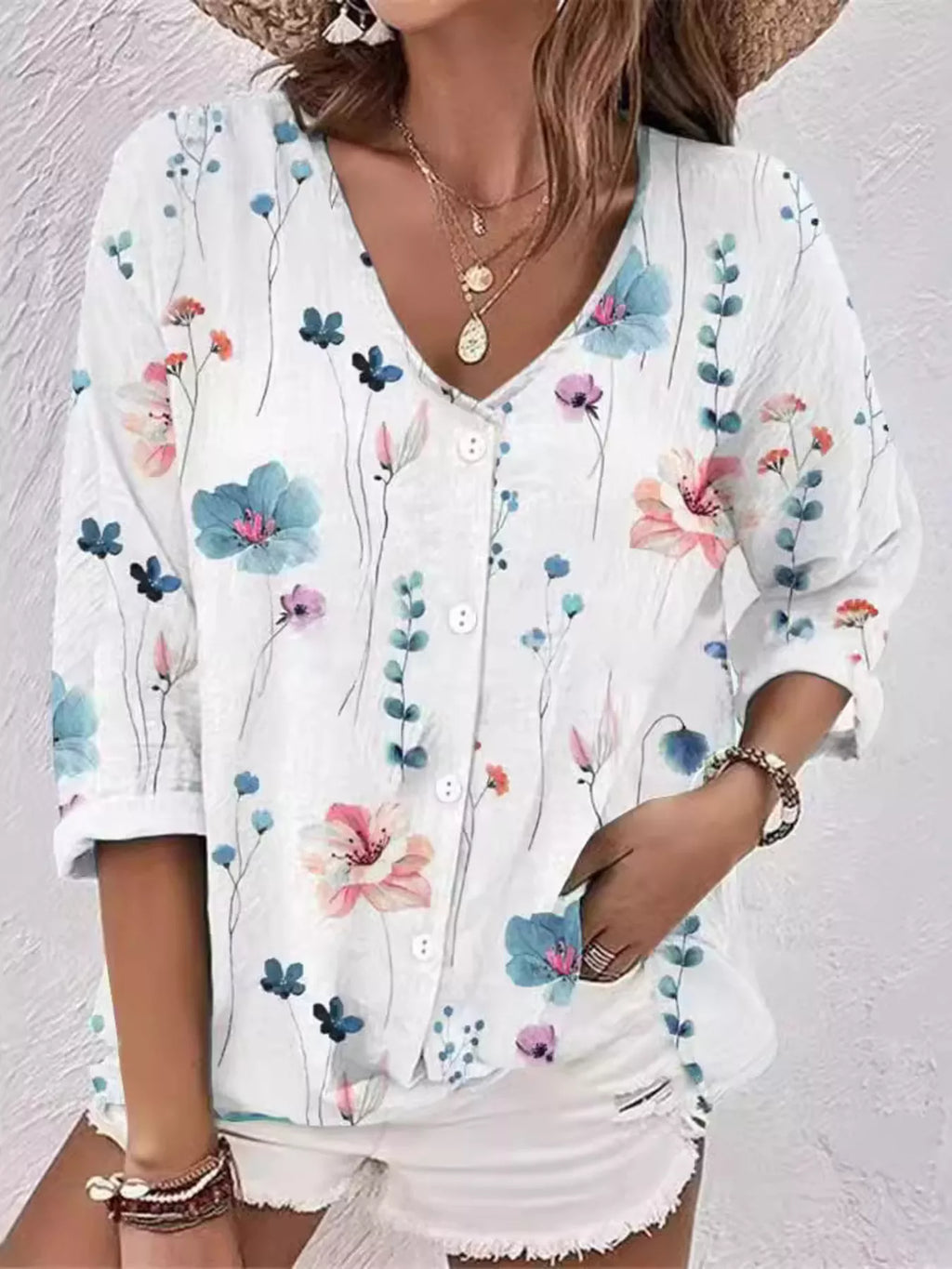Floral Print V-neck Button-down Shirt (13)