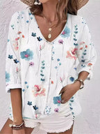 Floral Print V-neck Button-down Shirt (13)