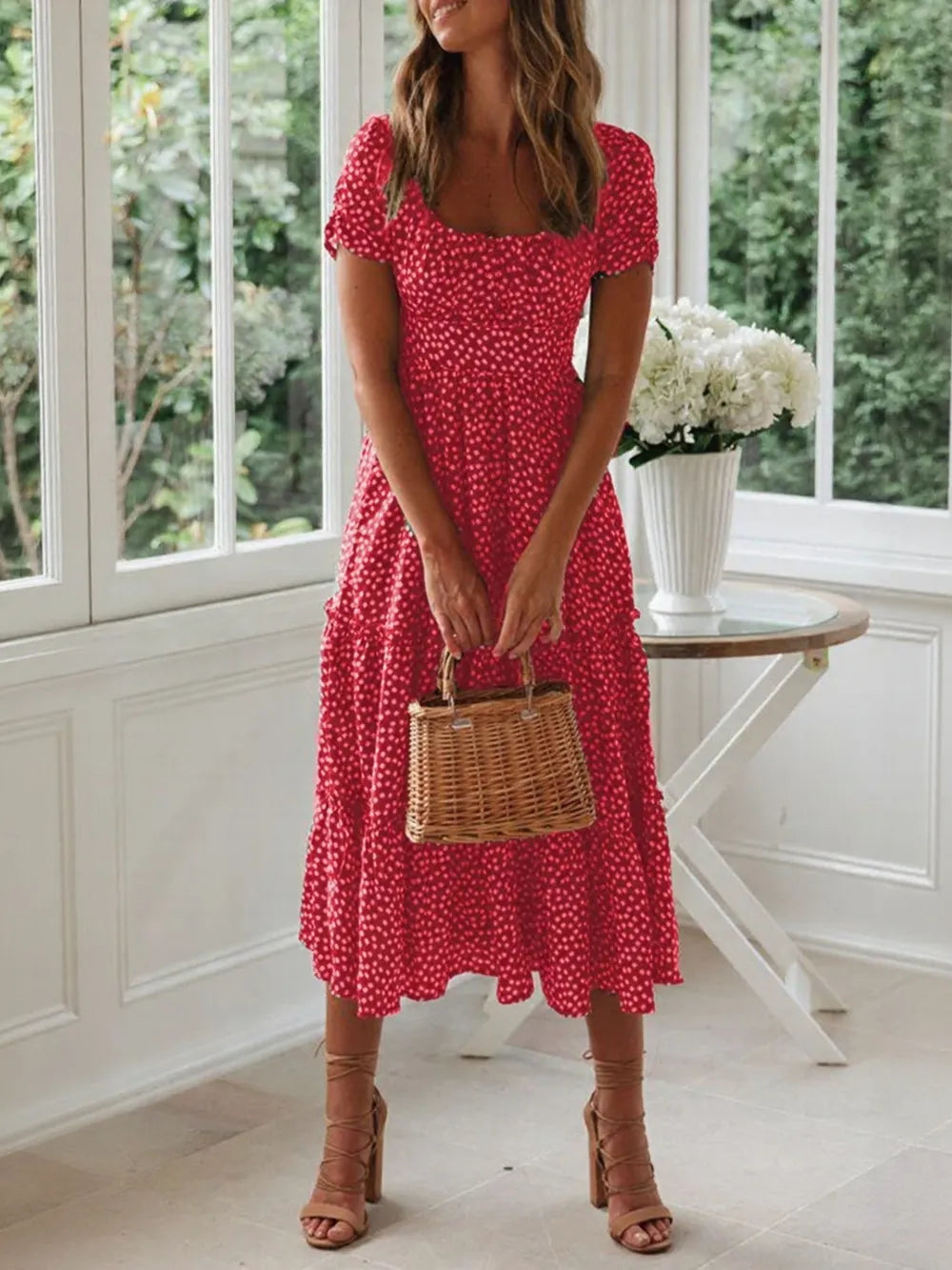 Printed Square Neck Short Sleeve Midi Dress (10)