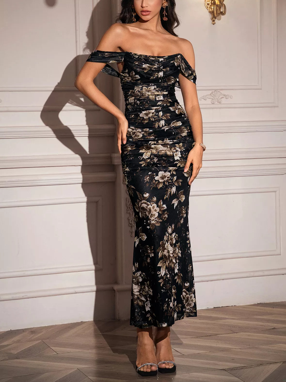 Off-shoulder Ruched Floral Mermaid Dress (9)