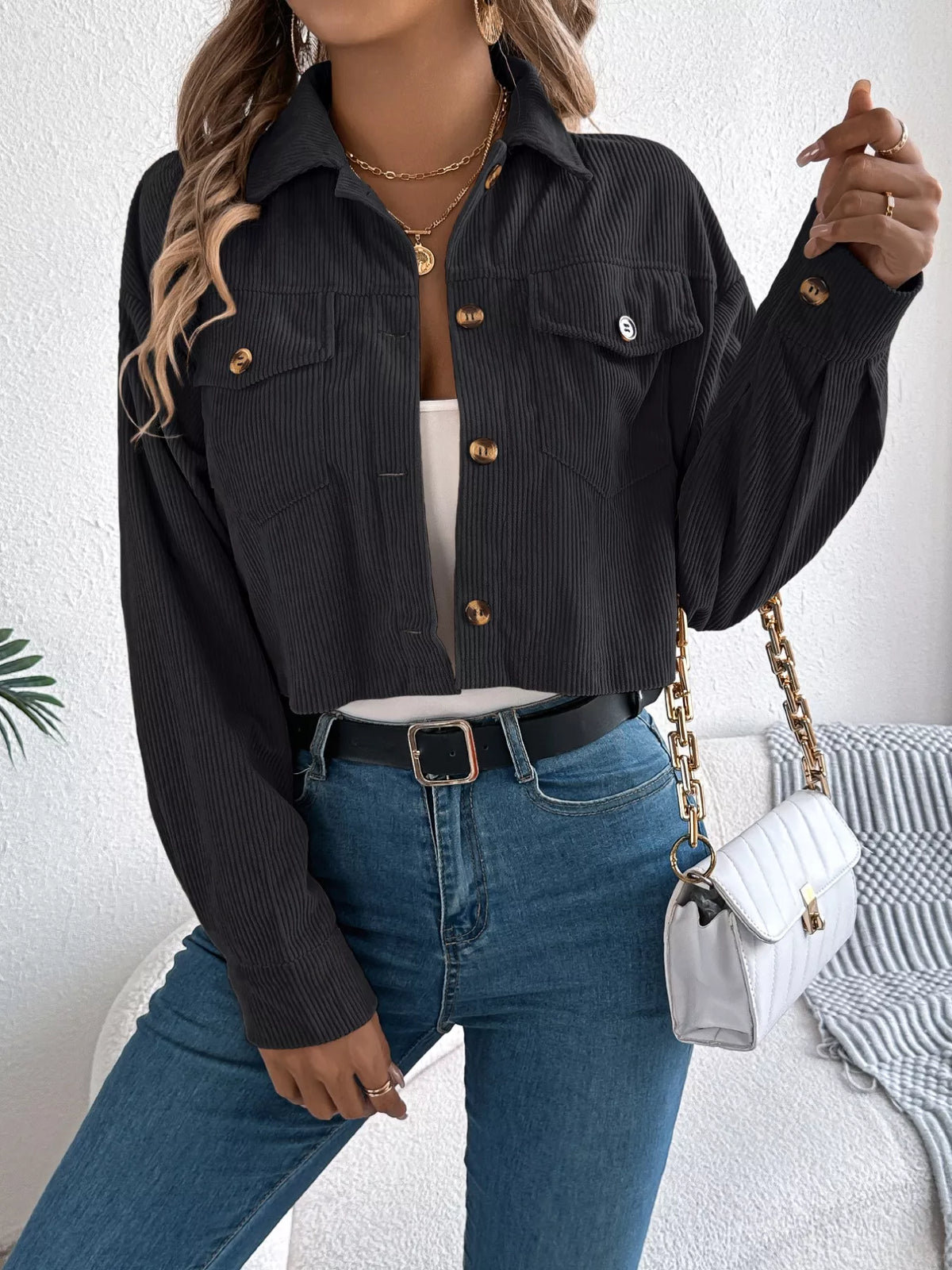 Corduroy Button-up Dropped Shoulder Jacket (4)