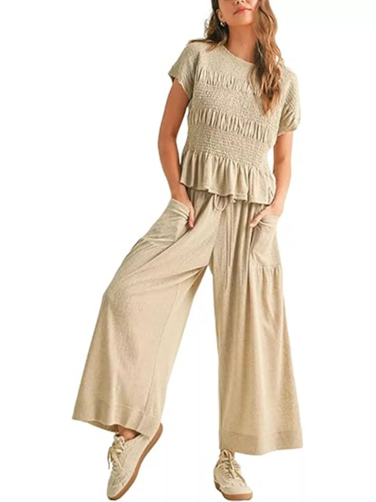 Smocked Peplum Top Wide-leg Pants Set (8)