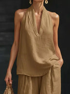 Full Size Halter Neck Top Wide Leg Pants Set Plus (7)