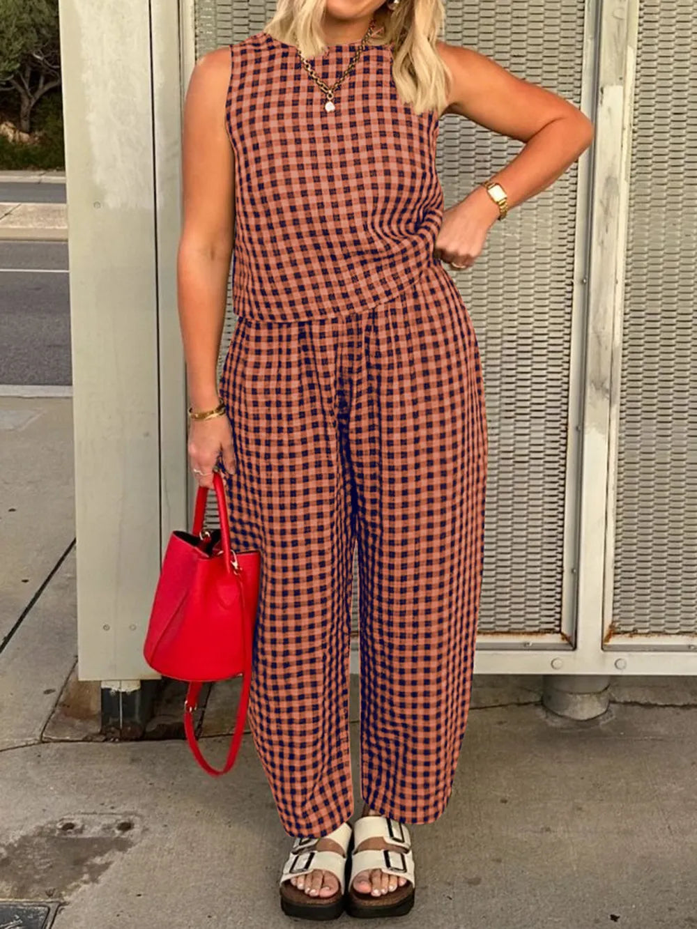 Plaid Round Neck Sleeveless Top Pants Set (5)