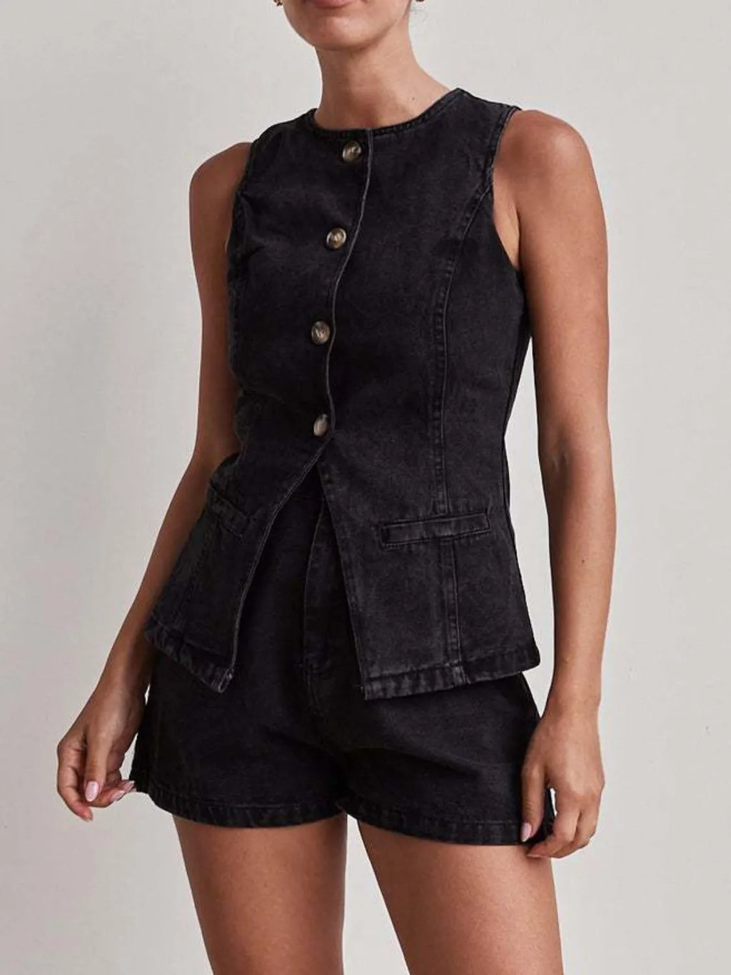 Button Down Vest Shorts Denim Set (15)