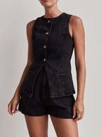Button Down Vest Shorts Denim Set (15)