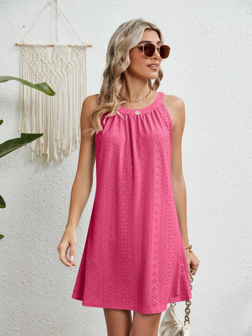 Eyelet Round Neck Sleeveless Dress (3)