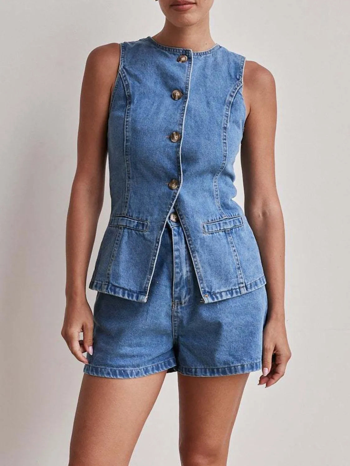 Button Down Vest Shorts Denim Set (7)