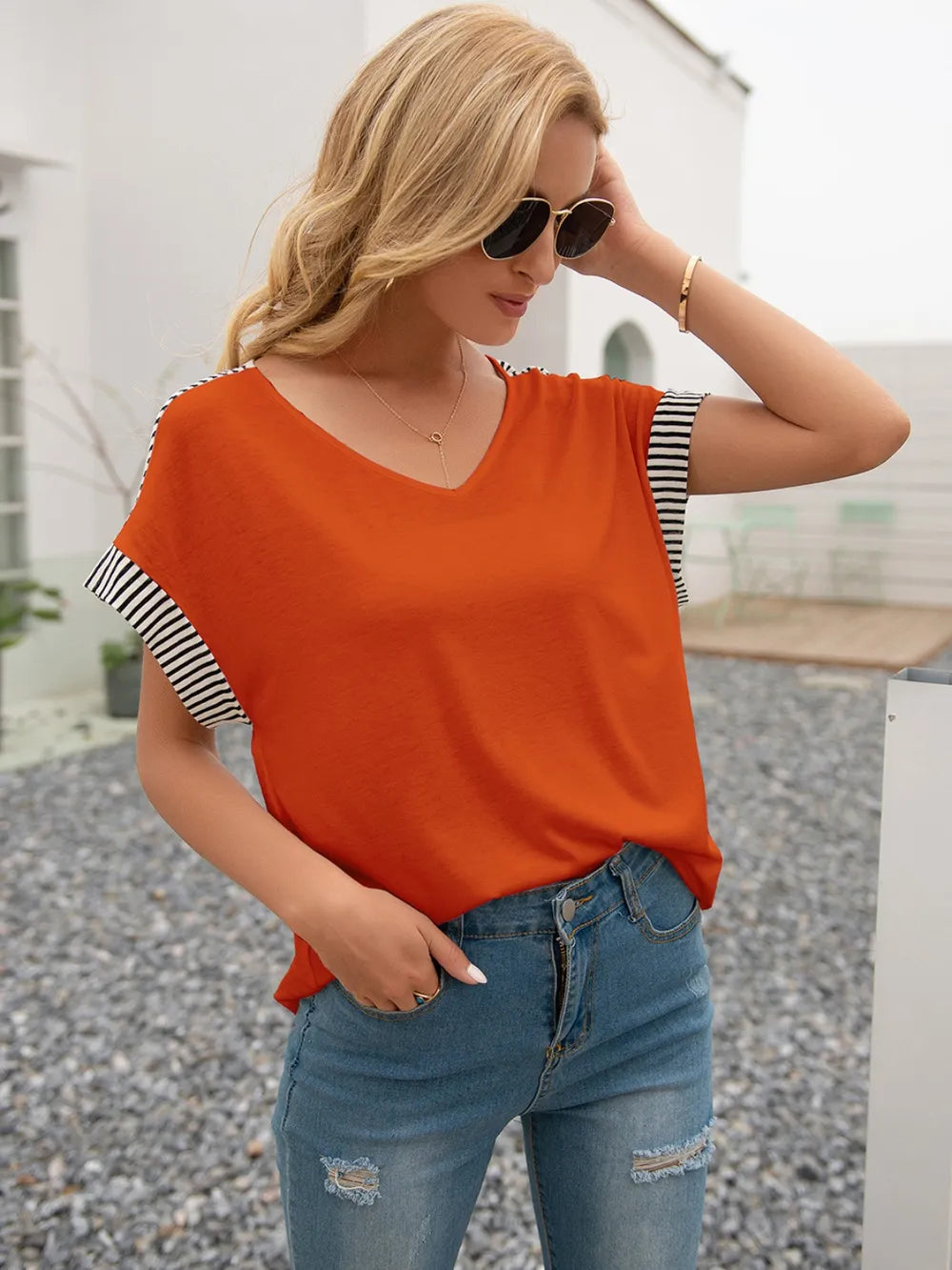 Striped V-neck Short Sleeve T-shirt (15)