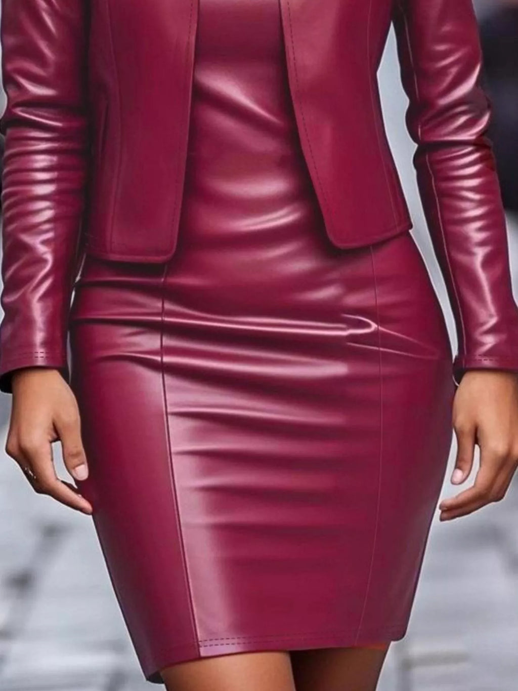 Open Front Leather Jacket Dress Set (9)