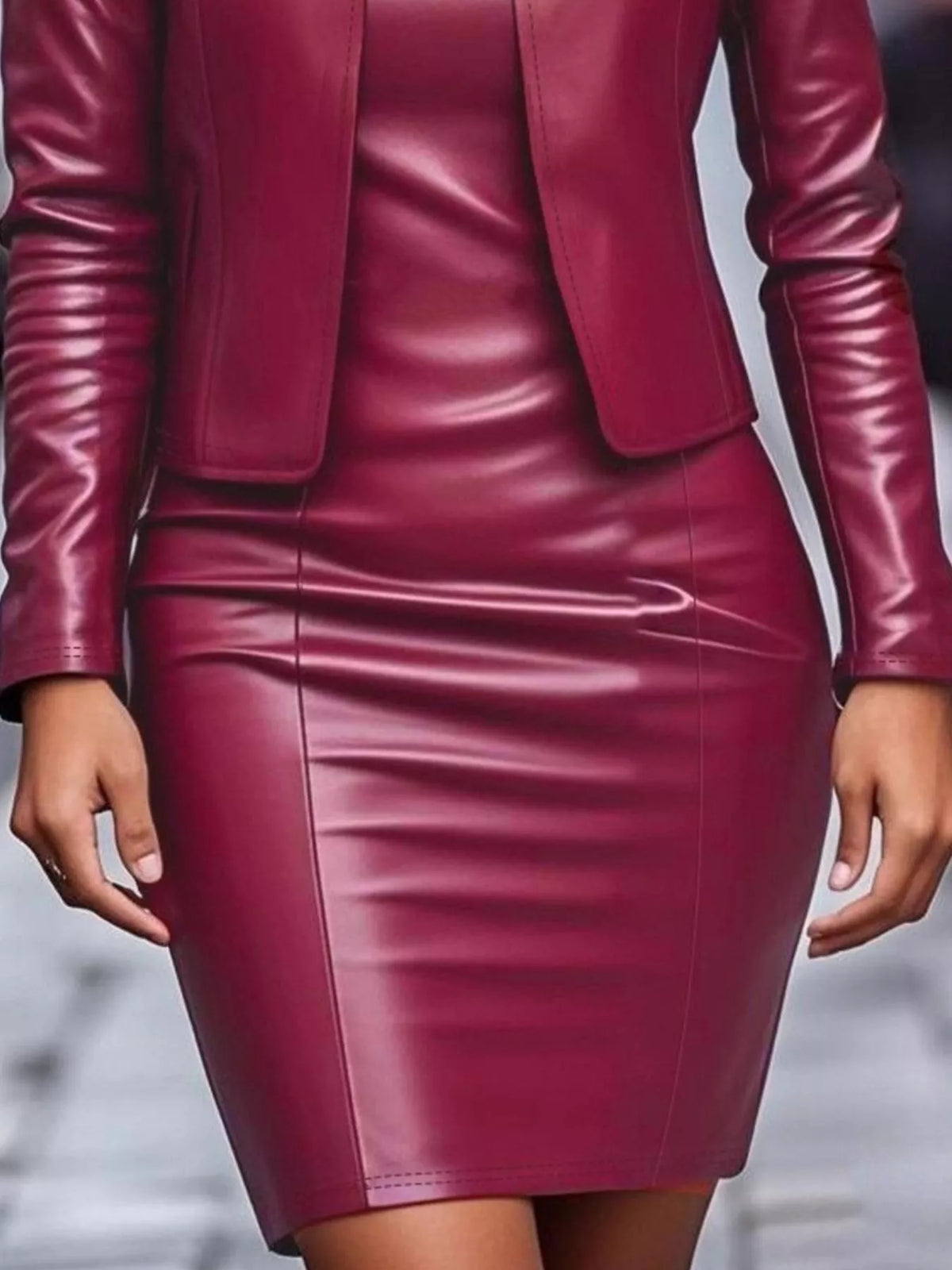 Open Front Leather Jacket Dress Set (9)