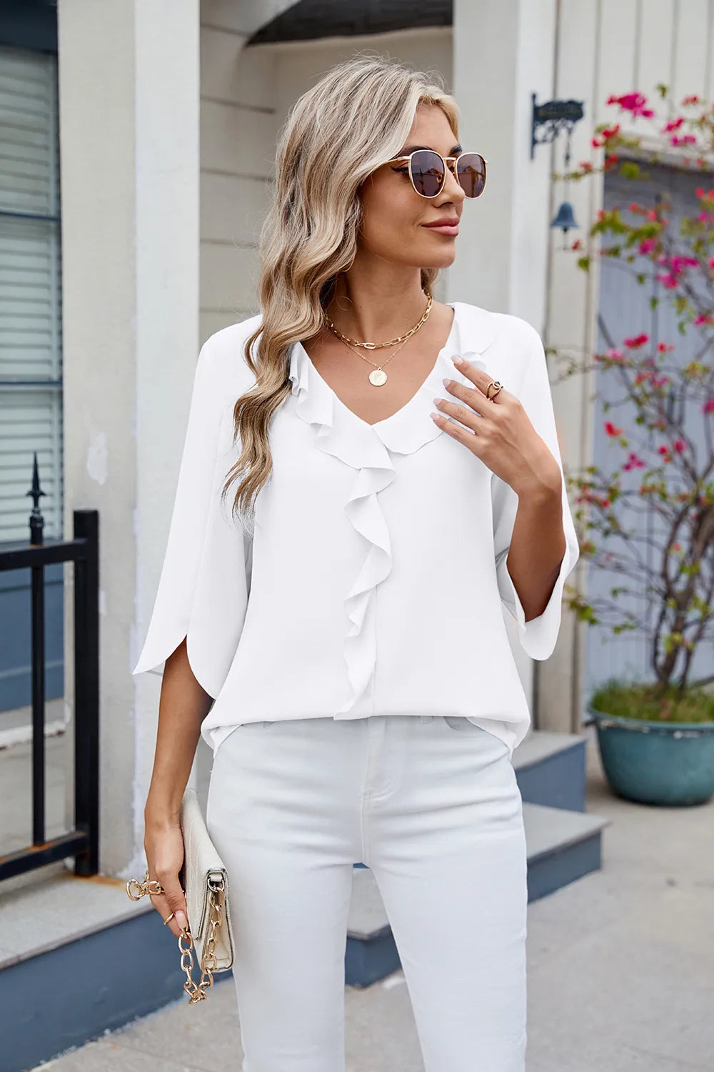 Ruffled V-neck Three-quarter Sleeve Blouse (19)