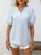 Striped Notched Puff Sleeve Blouse (2)