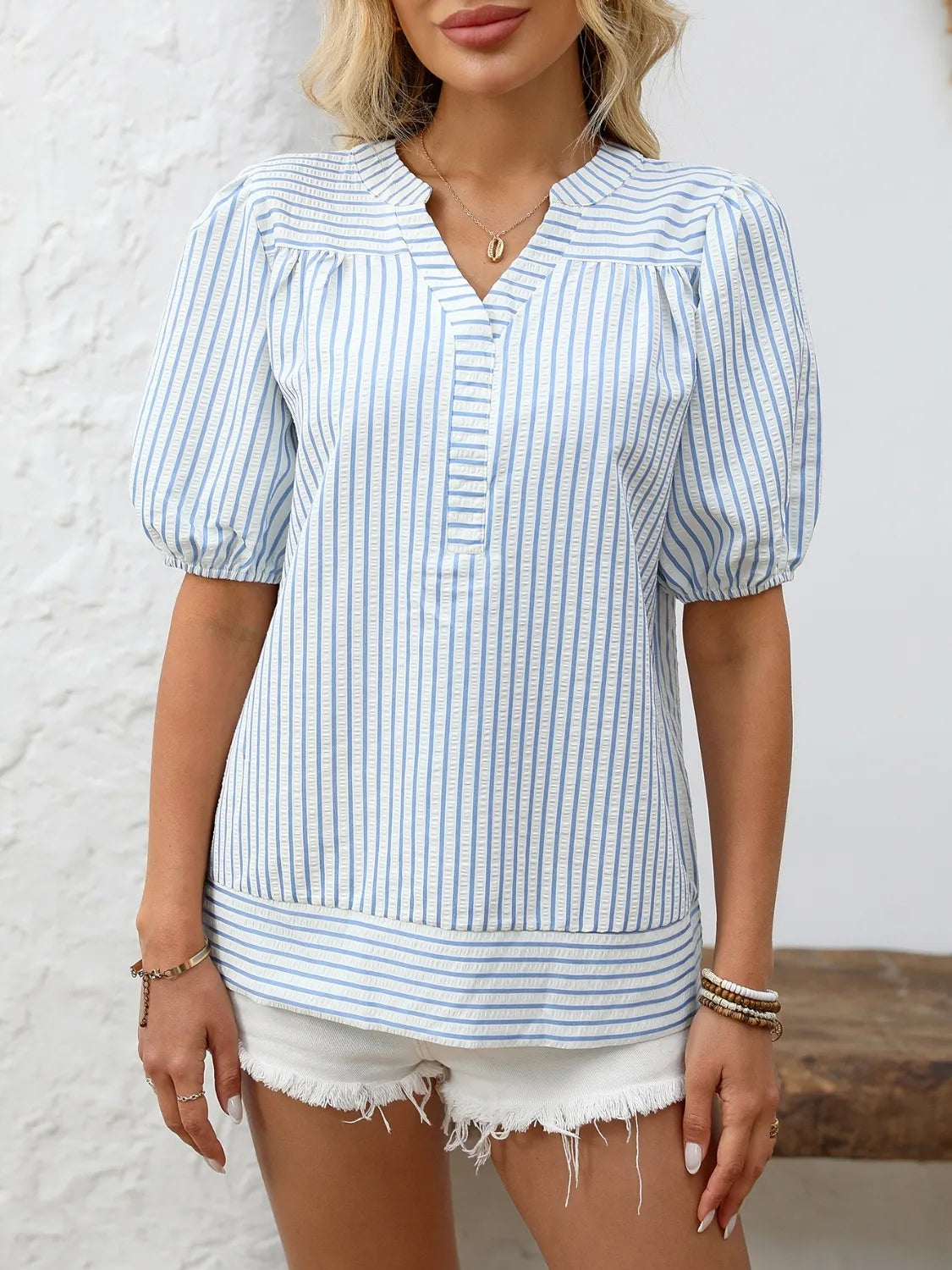 Striped Notched Puff Sleeve Blouse (2)