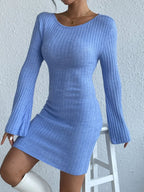 Backless Round Neck Long Sleeve Sweater Dress (3)