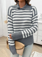 Striped Collared Neck Long Sleeve Sweater (19)