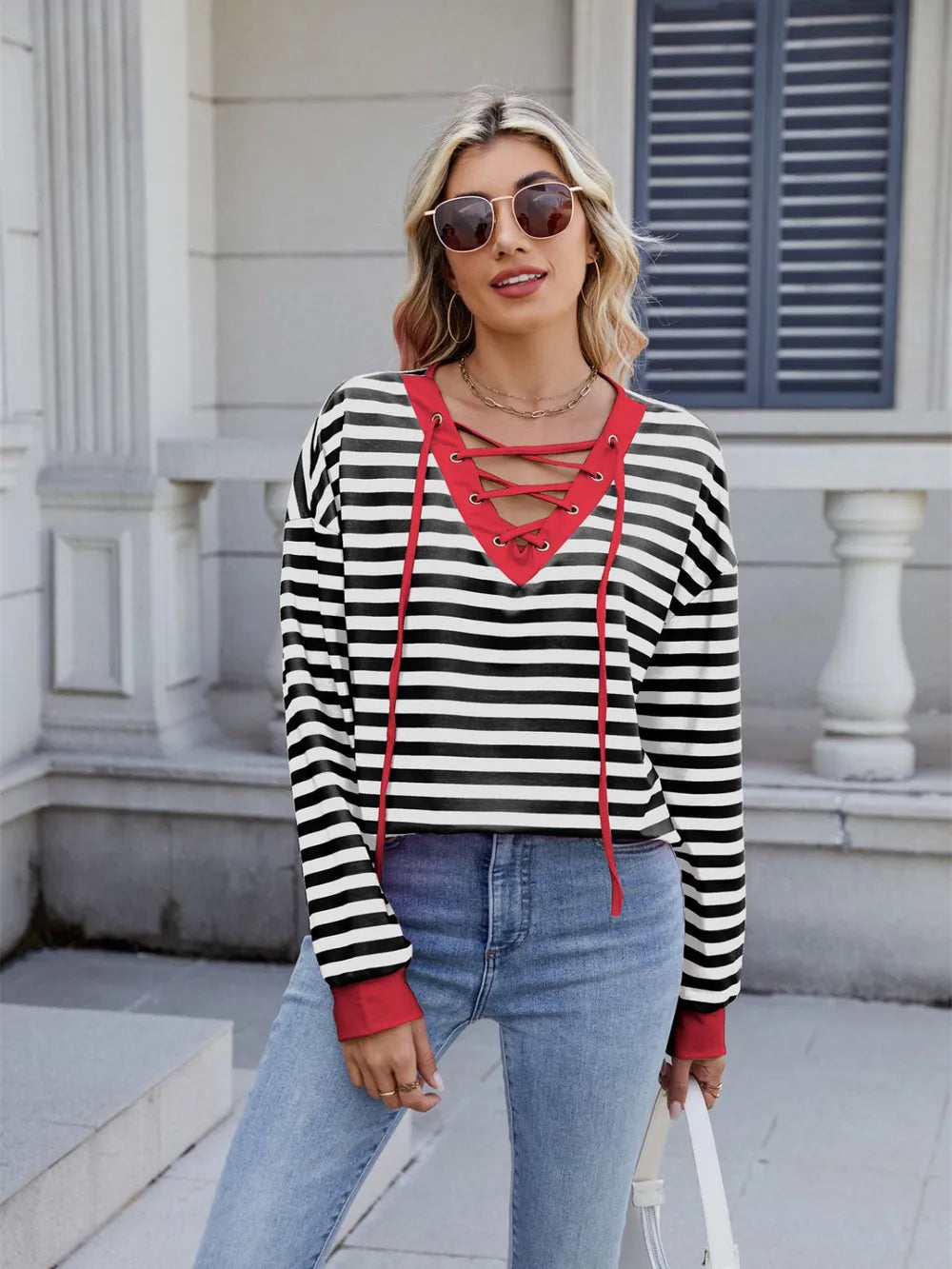 Lace-up Striped Long Sleeve T-shirt (27)