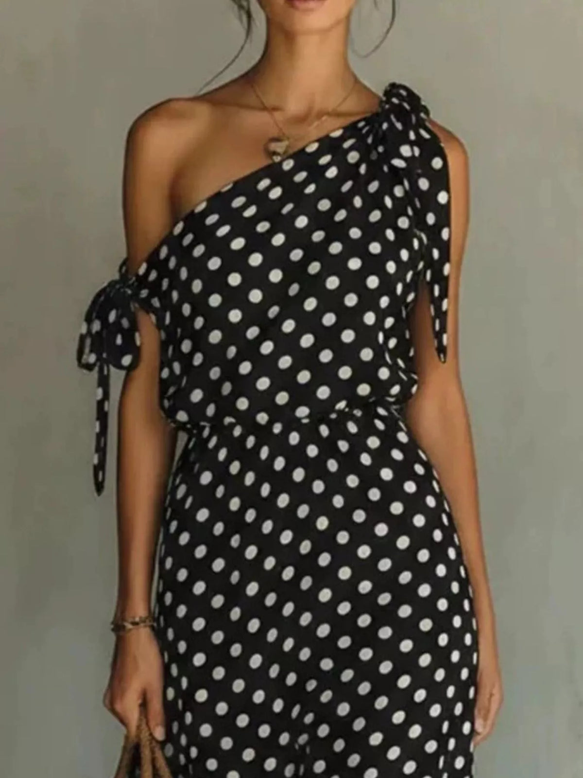 Full Size Polka Dot One-shoulder Maxi Dress Tie Details Plus (2)