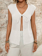 Tied Front Openwork V-neck Knit Top (19)