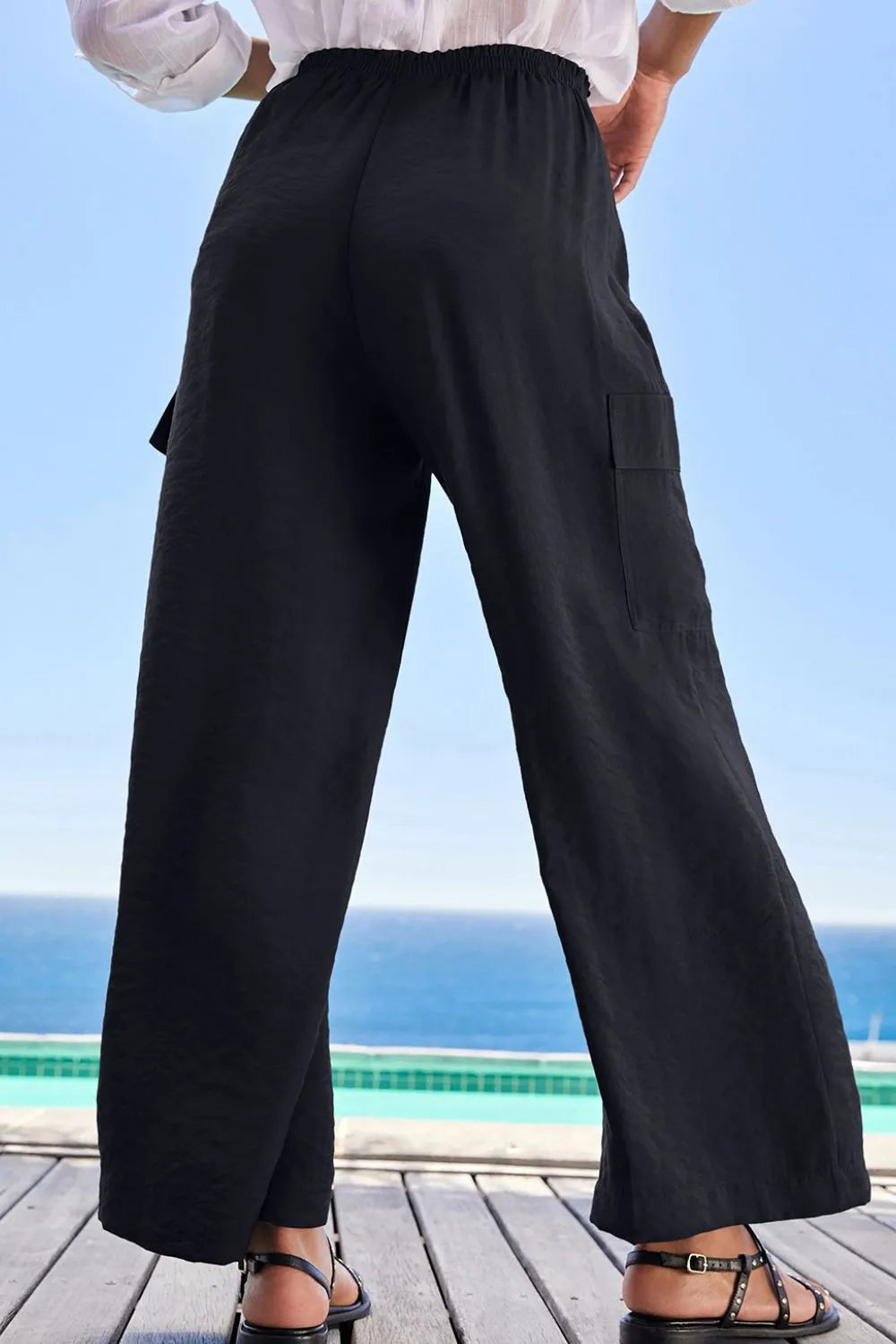 Drawstring Frilled Waist Wide Leg Utility Trousers (12)