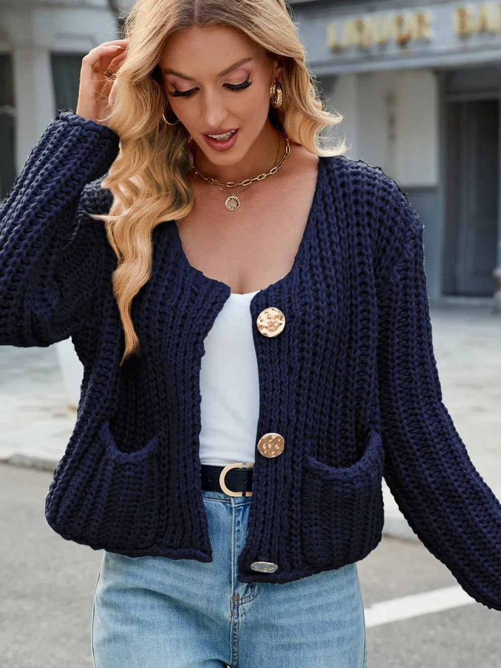 Round Neck Button Up Cardigan Pockets (31)