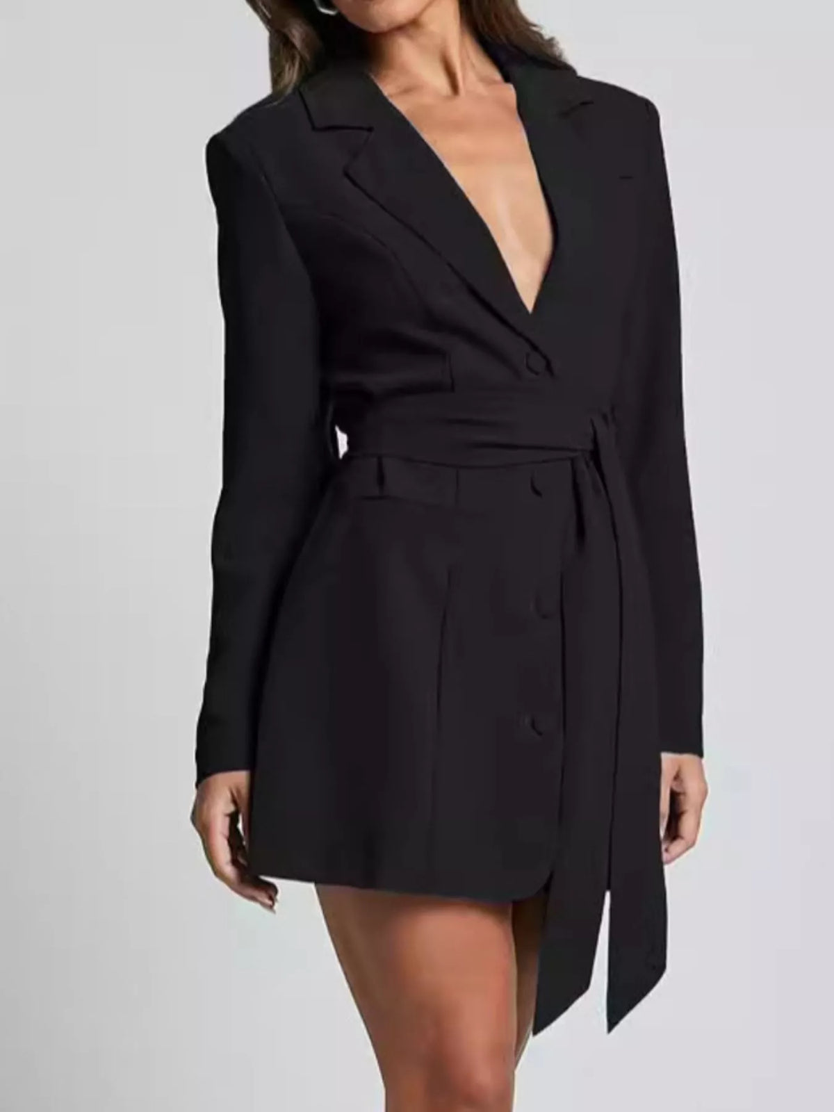Lapel Collar Tie Waist Blazer (5)