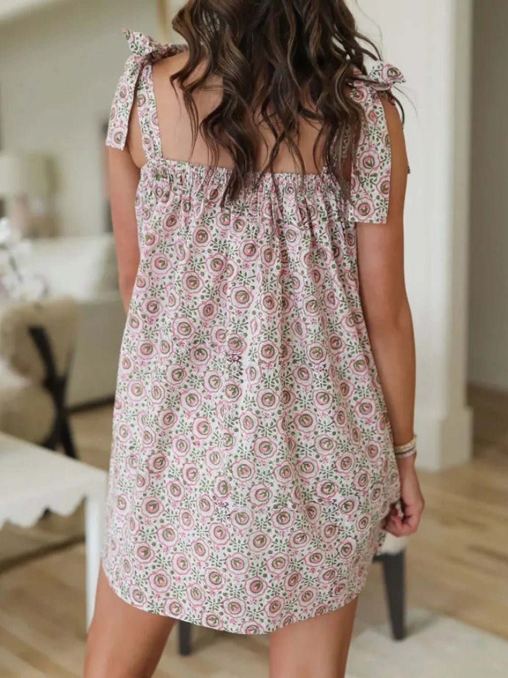 Printed Square Neck Tie Shoulder Mini Dress (15)