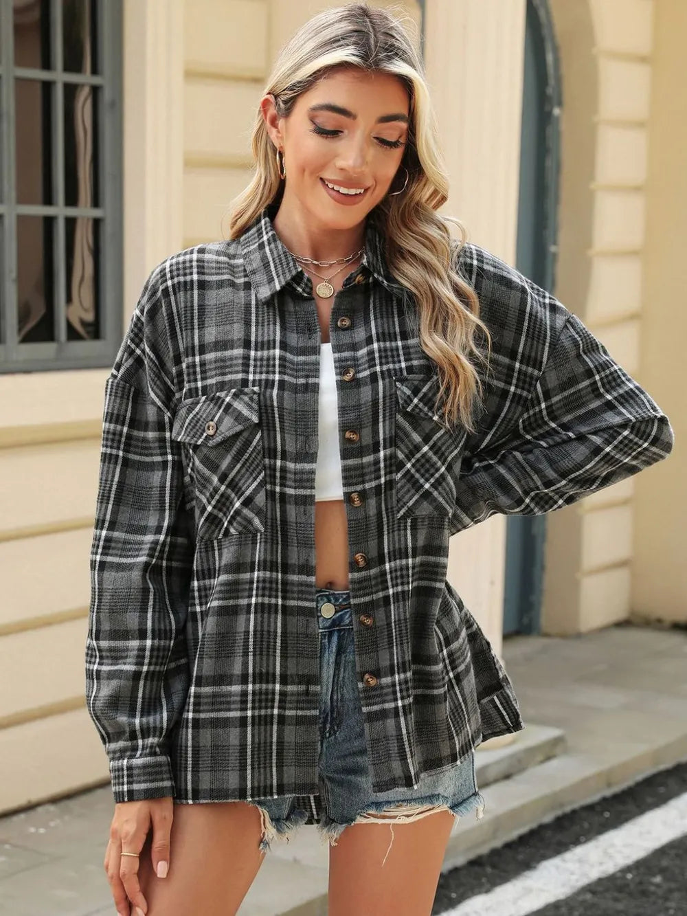 Pocketed Plaid Collared Neck Long Sleeve Shirt (16)