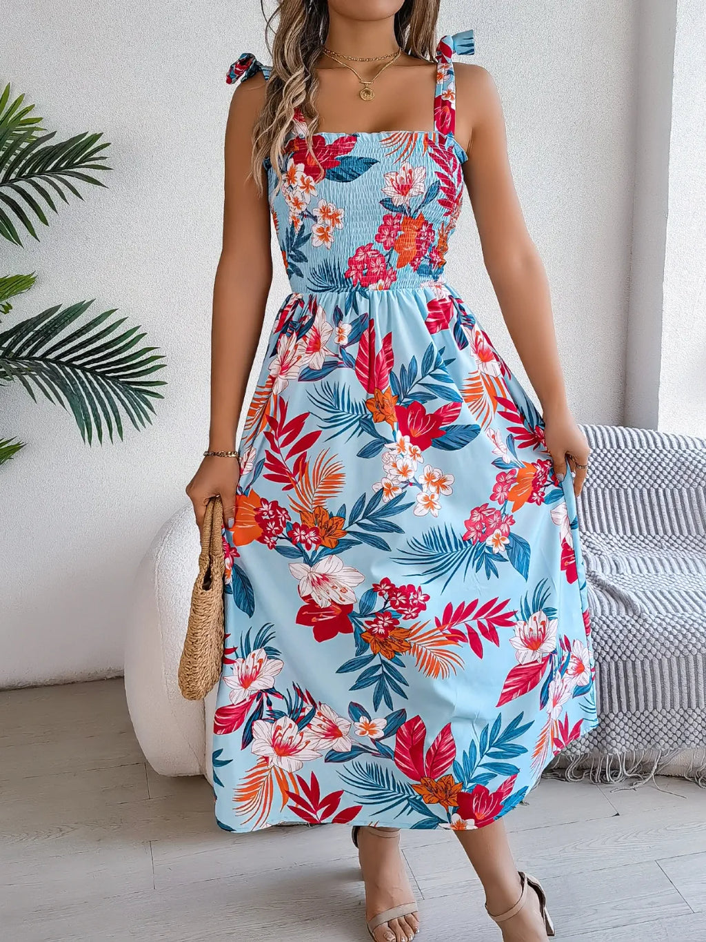 Smocked Floral Tie Shoulder Midi Dress (3)