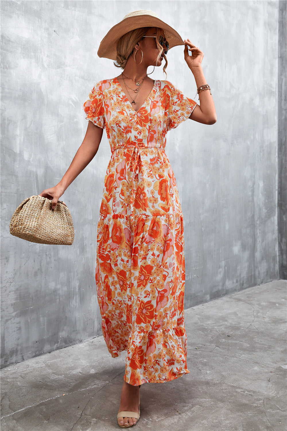 Floral Buttoned Drawstring Waist Tiered Dress (9)