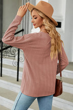 Decorative Button V-neck Long Sleeve T-shirt (21)