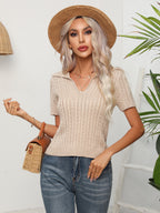 Cable-knit Johnny Collar Short Sleeve Knit Top (3)