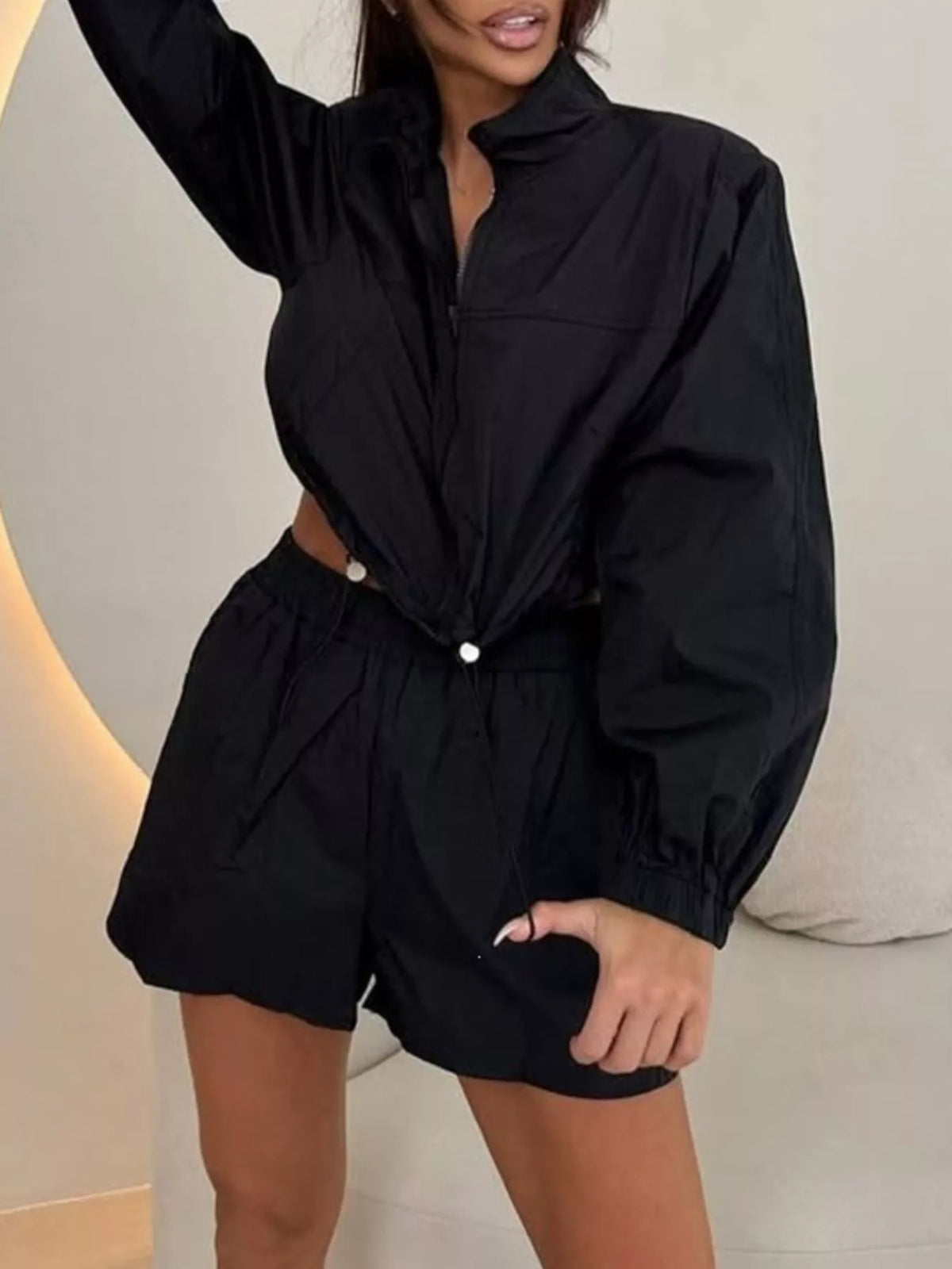 Zip-up Crop Jacket High-waisted Shorts Set (10)