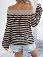 Openwork Striped Off-shoulder Knit Top (2)