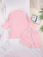 Texture Button Up Shirt Shorts Set (33)