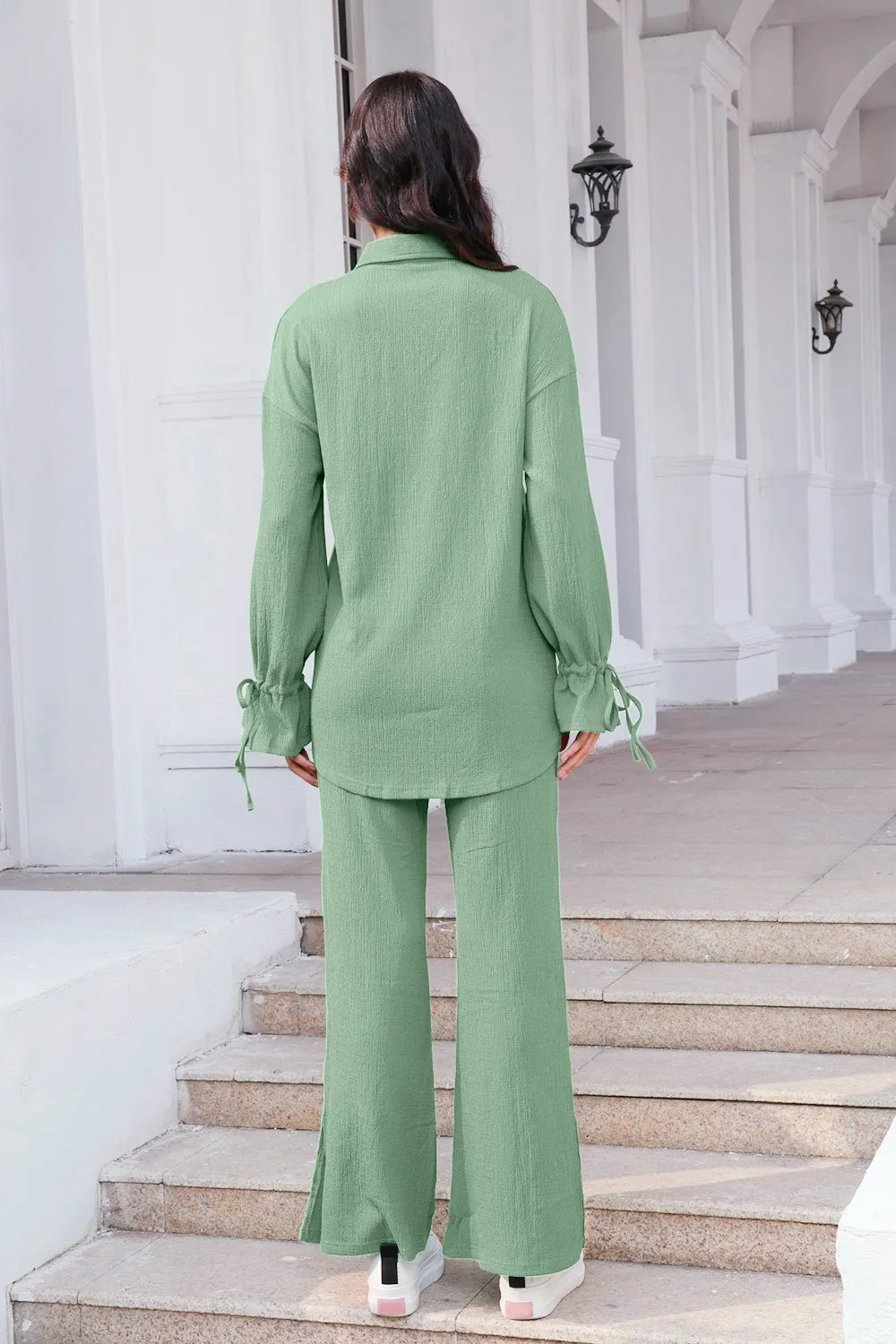 Drawstring Flounce Sleeve Shirt Pants Set (21)