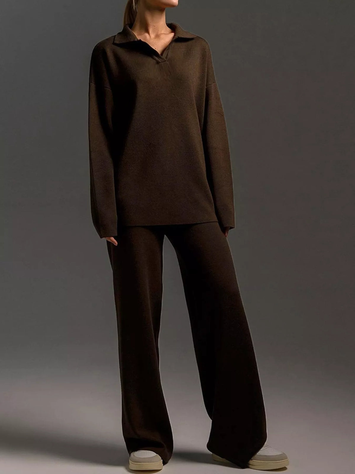 Polo Collar Top Wide-leg Pants Set (32)