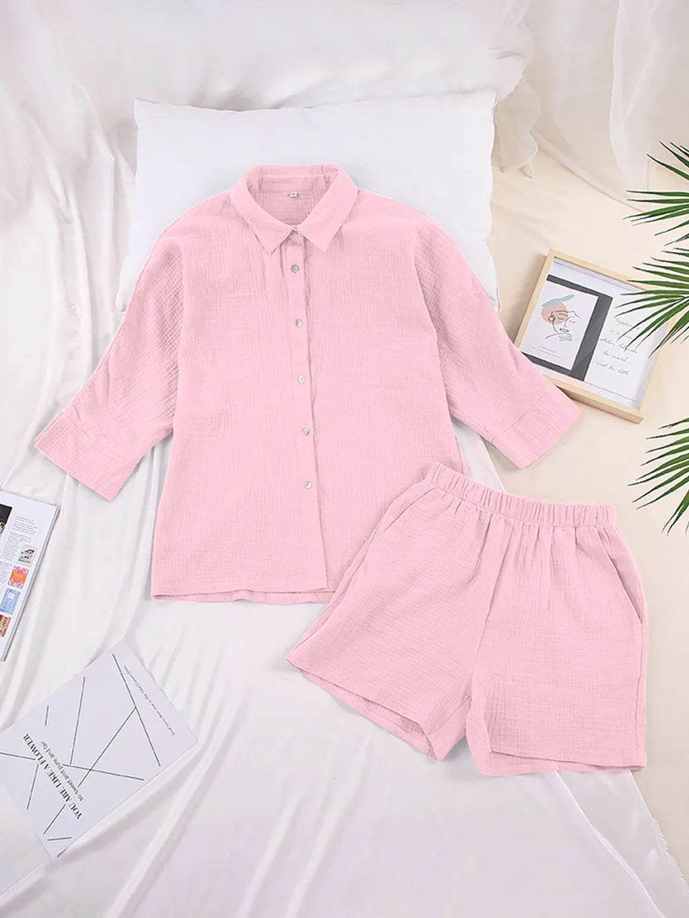 Texture Button Up Shirt Shorts Set (32)