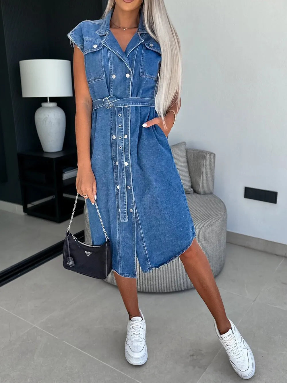 Collared Neck Cap Sleeve Denim Dress (10)