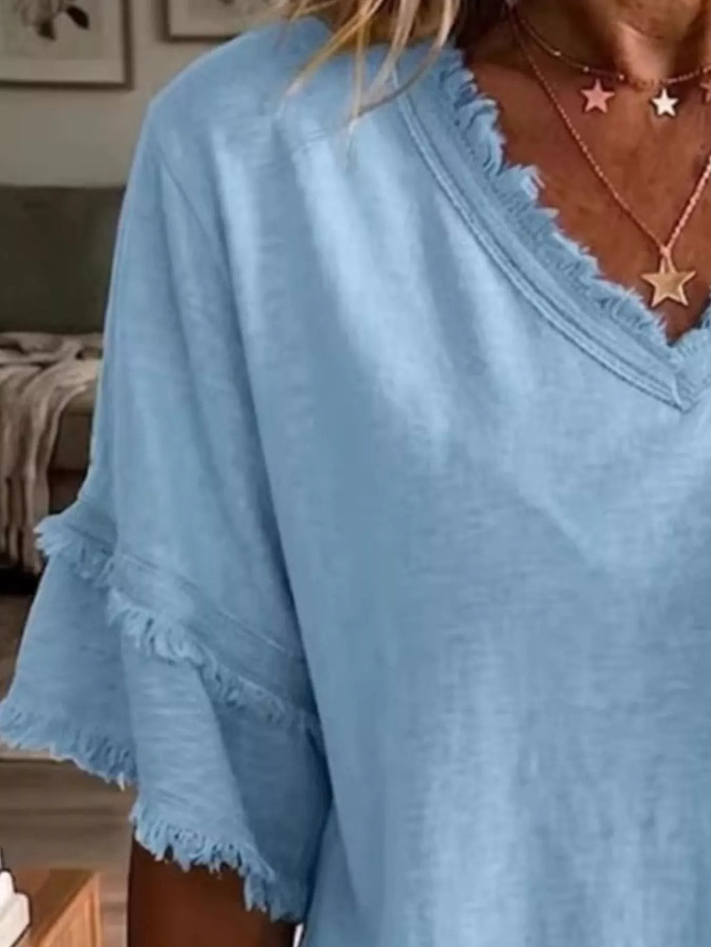 Full Size Frayed Edge V-neck Blouse Plus (6)