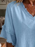 Full Size Frayed Edge V-neck Blouse Plus (6)