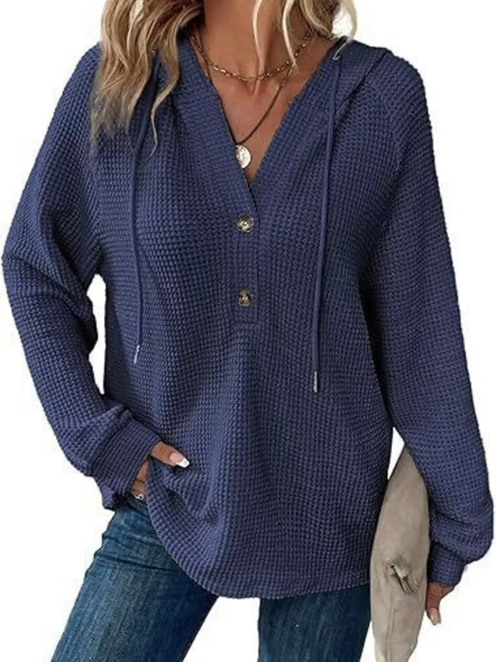 Full Size Button Detail Waffle Knit Hoodie Plus (28)