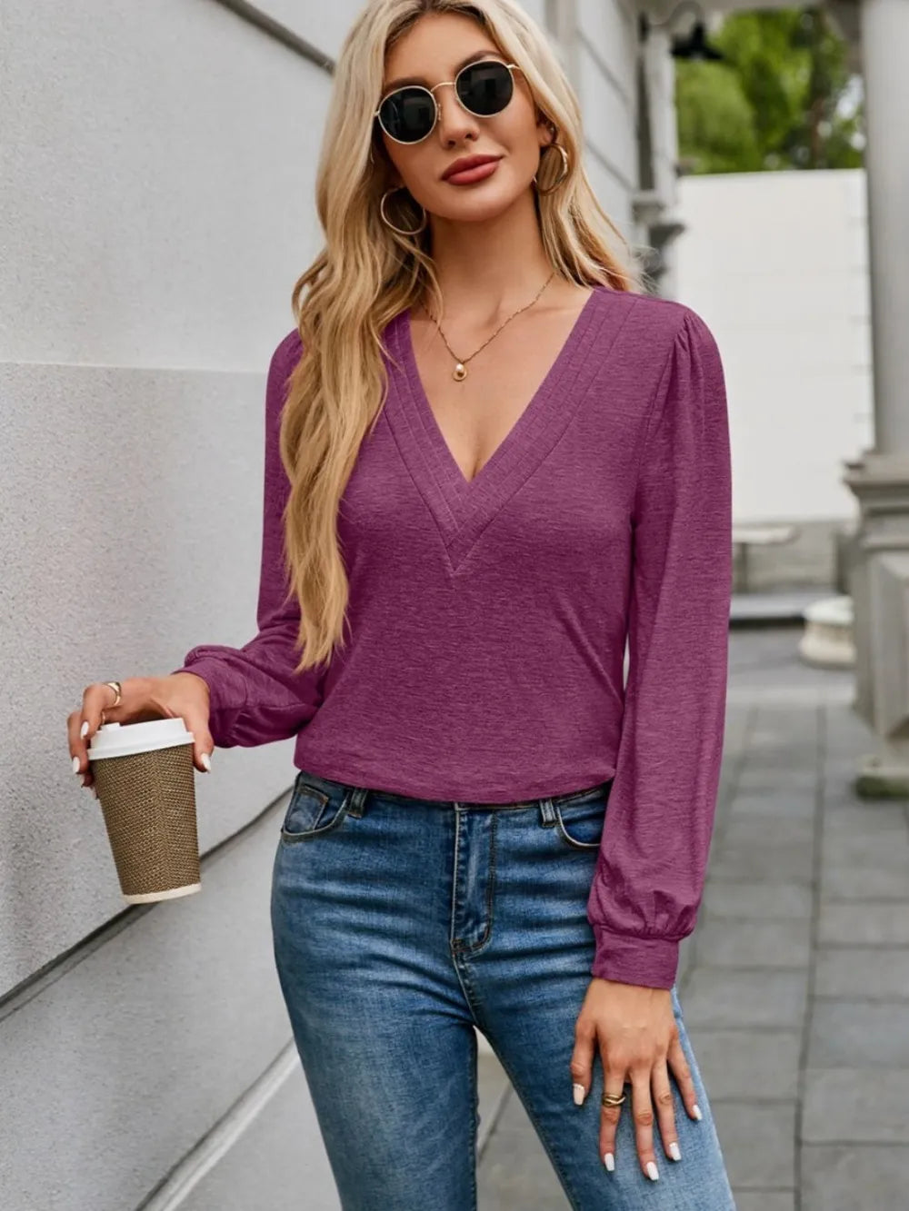 V-neck Long Sleeve T-shirt (5)