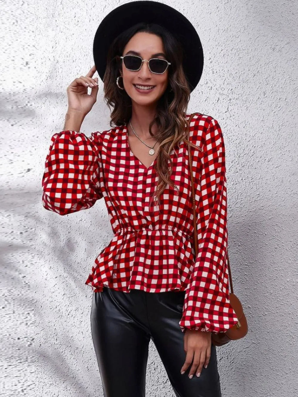 Ruched Printed V-neck Long Sleeve Blouse (7)