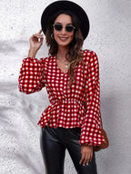 Ruched Printed V-neck Long Sleeve Blouse (7)
