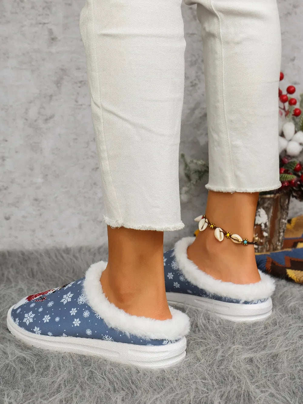 Snowman Print Flat Slippers Faux Fur (5)