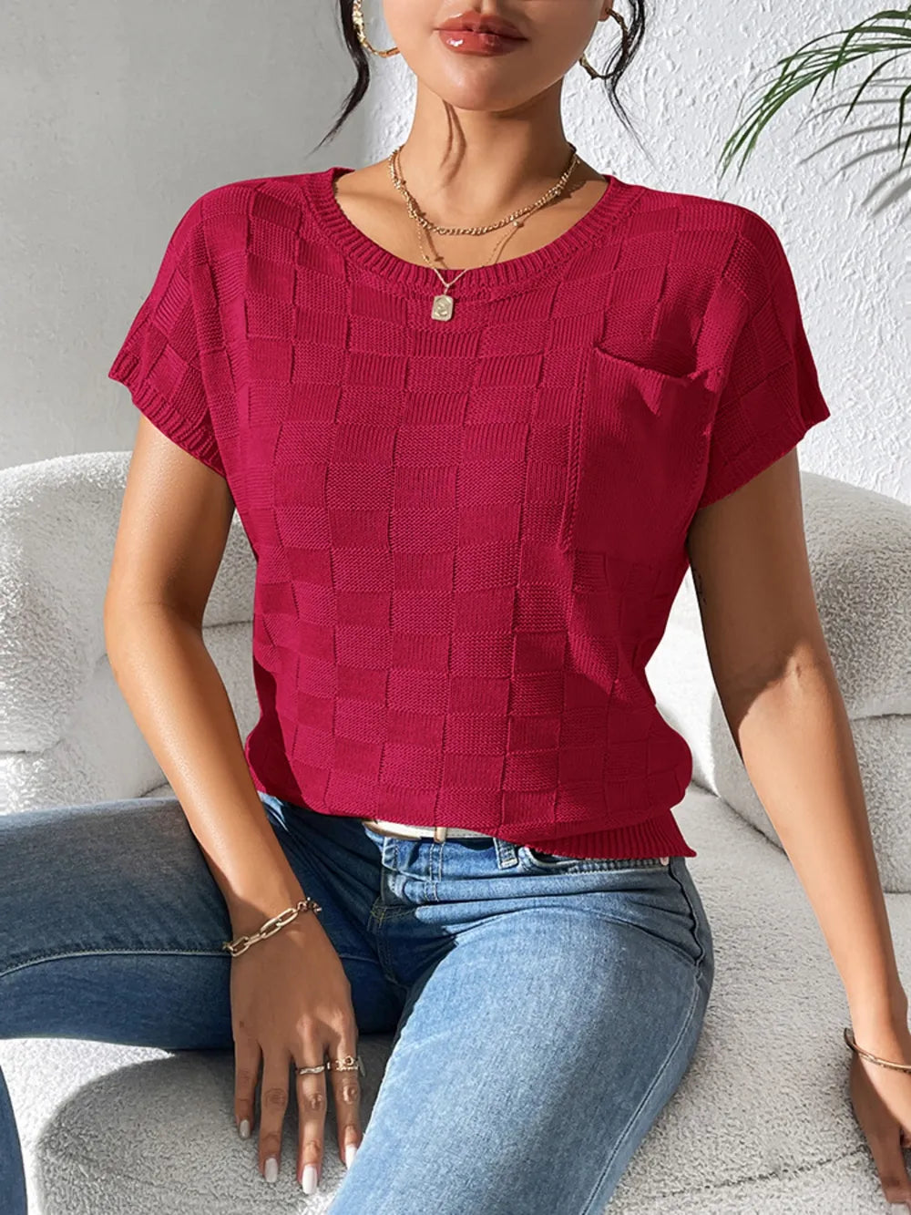 Round Neck Short Sleeve Knit Top (24)