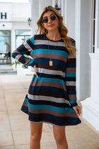 Striped Round Neck Long Sleeve Dress (4)